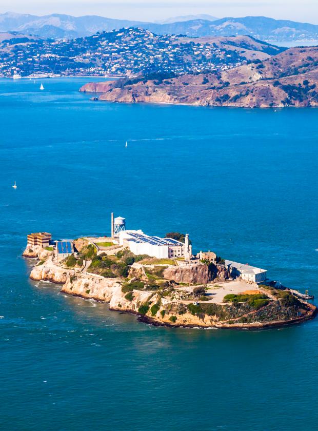 Stunning overview of Alcatraz Island with Angel Island and Tiburon in the background