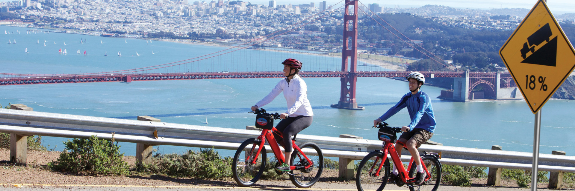 Couple of bikers on Hawk Hill in the Marin Headlands with stunning views of the Golden Gate Bridge and San Francisco