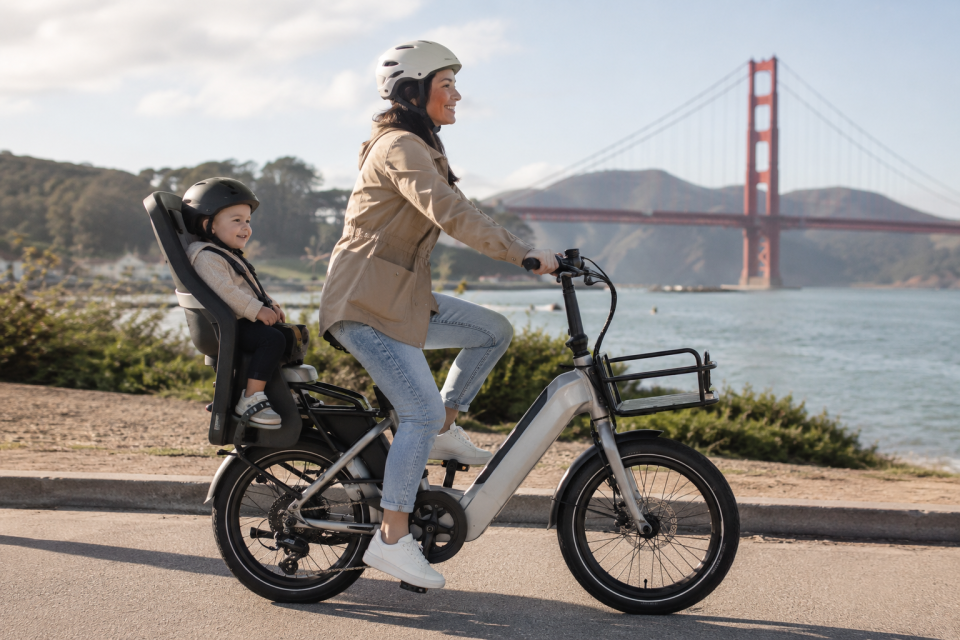 Adult riding an electric bike with a child in a rear baby seat