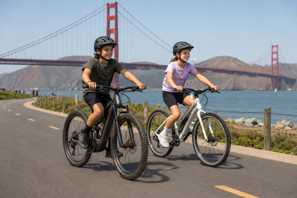 Two children riding electric bikes near the Golden Gate Bridge