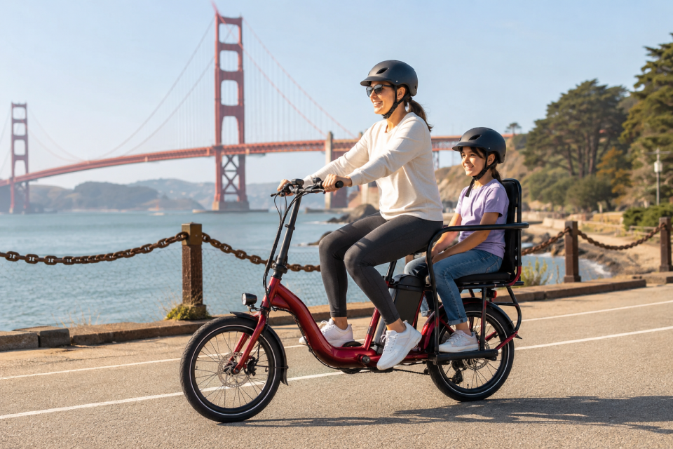 Adult riding an electric passenger bike with an older child