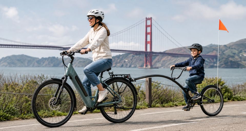 Adult towing a child on a tag-along bike near the Golden Gate Bridge