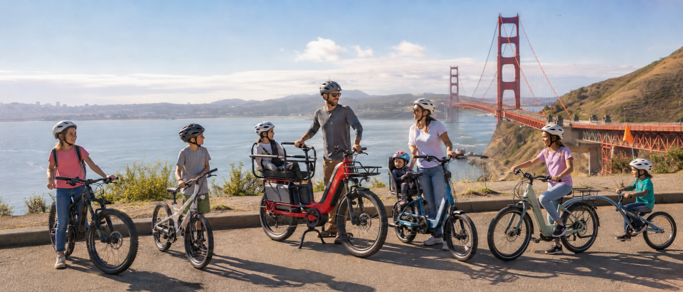 Parents and children with electric bikes near the Golden Gate Bridge
