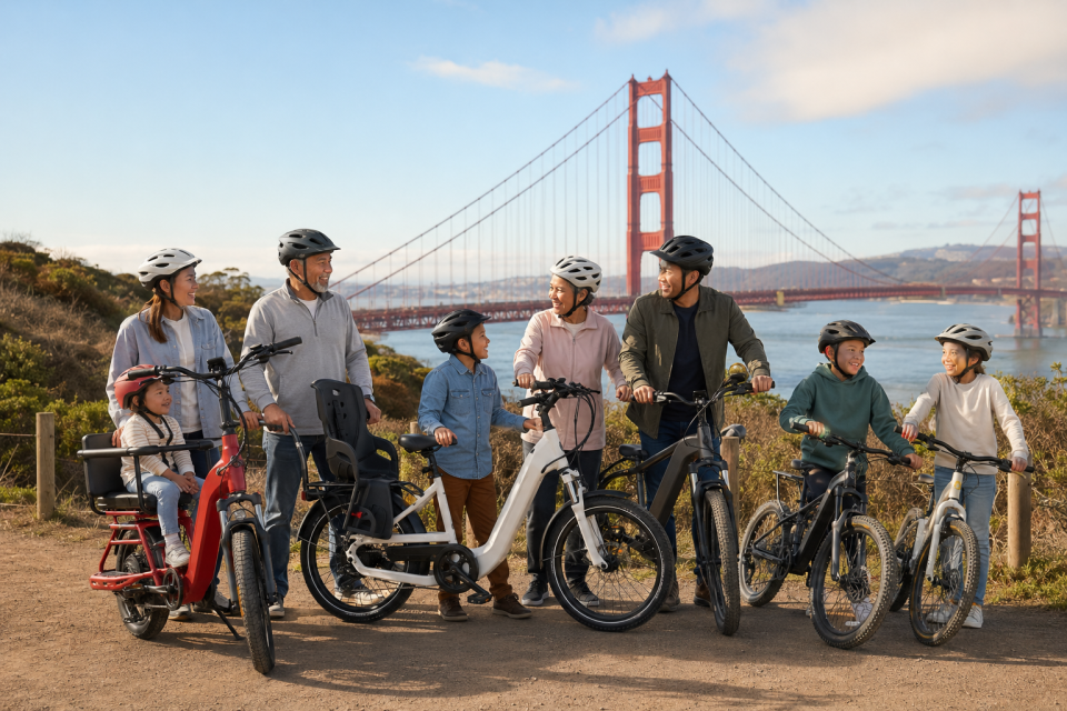 Family group with electric bikes overlooking the Golden Gate Bridge