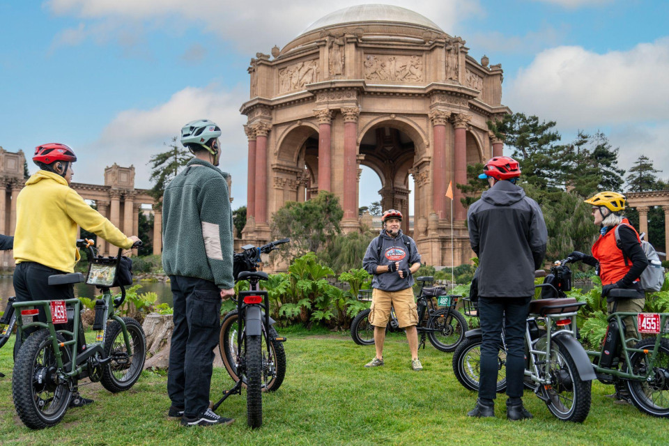 Group of bikes parked near the Palace of Fine Arts