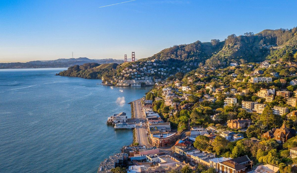 Marin coastline and bay view beyond the bridge route