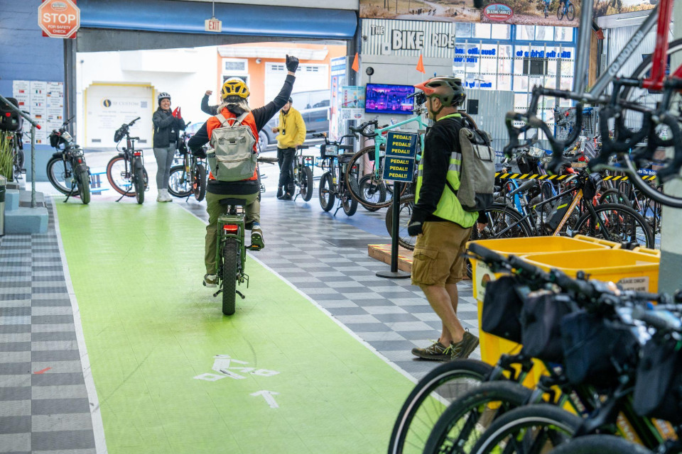 Indoor bike lineup at the rental shop test area