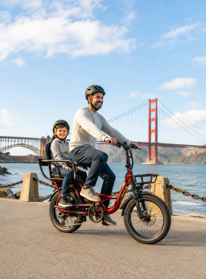 Adult riding an electric passenger bike with a child near the Golden Gate Bridge