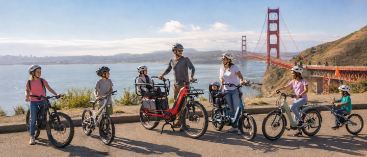 Parents and children with electric bikes near the Golden Gate Bridge