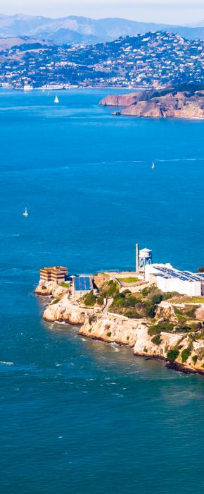 Stunning overview of Alcatraz Island with Angel Island and Tiburon in the background